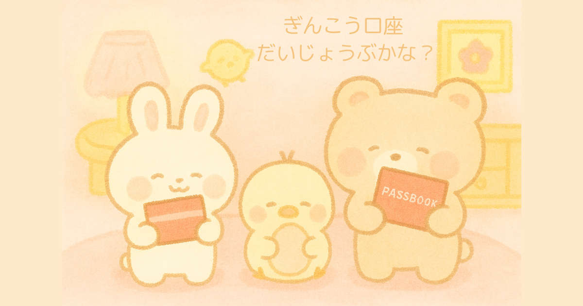 ふんわりパステルピンクの背景に、うさぎ・ひよこ・くまの癒し系キャラクターが並んでいるイラスト。ひよこはたまごをだっこし、うさぎとくまは赤い通帳をそっと持っている。背景には丸みのある家具や小物、やさしい光が差し込み、ハートや花のモチーフがほんのり描かれている。全体はゆるっとした安心感のある雰囲気。