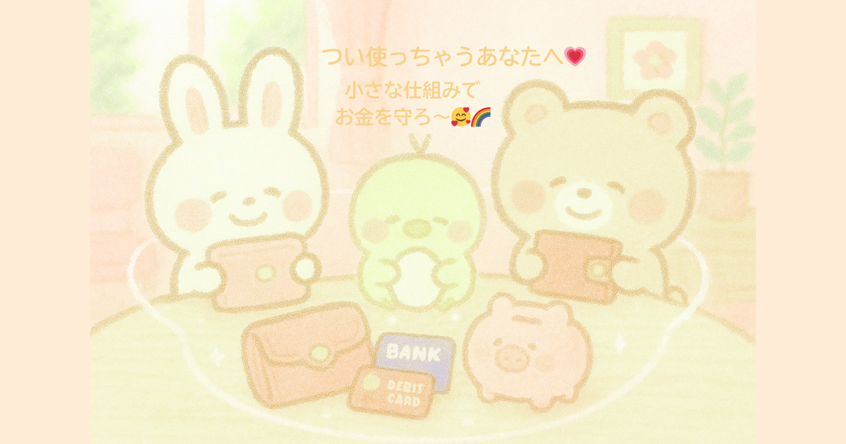 ふんわりピンクの背景に、まるっこい赤ちゃんみたいな動物たち（ひよこ・うさぎ・パンダ）が仲良く並び、ハートや花のモチーフに囲まれながら、安心してお金を守る仕組みをイメージしたかわいらしいイラスト。