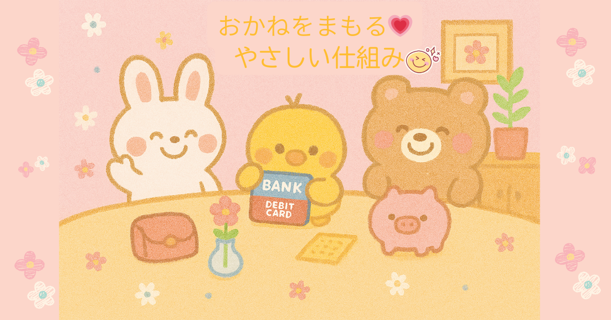パステル調のピンク背景で、白いうさぎ・黄色いひよこ・茶色のくまが丸いテーブルを囲み、キャッシュカードやお財布、貯金箱を前にやさしくお金の管理をしている様子を描いた、クレヨン風の手描きイラスト