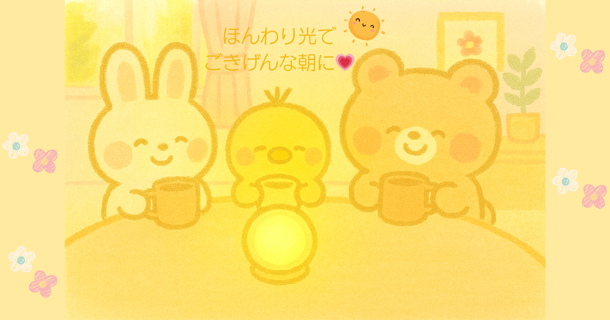 冬の朝、カーテン越しにやわらかい朝日が差し込む室内で、うさぎ・ひよこ・くまの赤ちゃん風キャラクターがテーブルを囲んで「おはよう」の笑顔。うさぎとくまはほっとココアを手に持ち、中央にはやさしく光る光目覚まし時計。背景にはピンクのカーテンと花の絵、観葉植物があり、全体はパステルピンクとクリーム色を基調とした、ふんわり癒し系のクレヨンタッチイラスト。