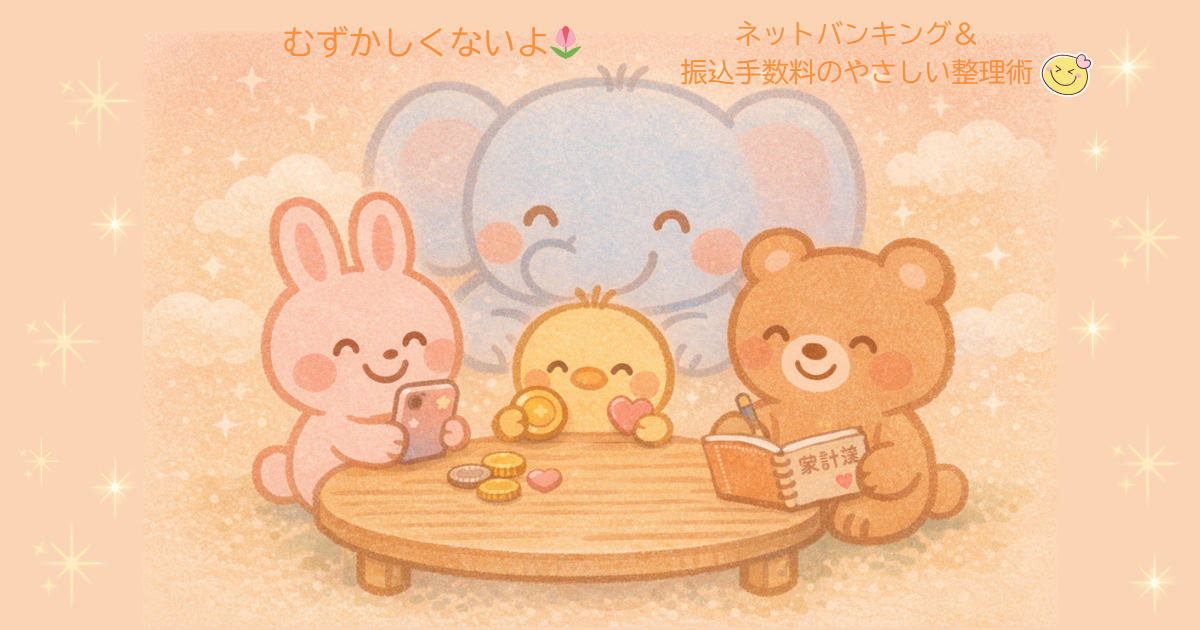 ネットバンキングで手数料を減らす家計管理のイメージ。うさぎ・くま・ひよこがにこにこ笑顔でお金の整理をしている、初心者向けのやさしいイラスト。