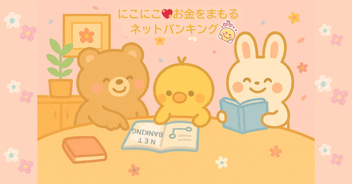 パステルピンクの部屋で、くま・ひよこ・うさぎがネットバンキングの本やタブレットを見ながら、にこにこ学んでいる様子のイラスト。丸い家具とやわらかい光に包まれた、ふんわり優しい雰囲気。