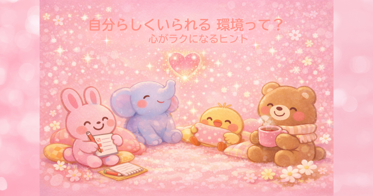 自分らしくいられる環境をテーマに、うさぎ・ぞう・ひよこ・くまが寄り添う、心がラクになるヒントを伝えるブログのアイキャッチイラスト